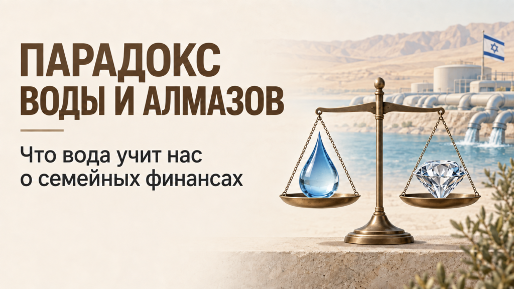 Парадокс воды и алмазов в Израиле: чему вода учит нас управлению семейными финансами Весы с каплей воды и бриллиантом на фоне опреснительного завода на Мёртвом море — парадокс воды и алмазов в Израиле