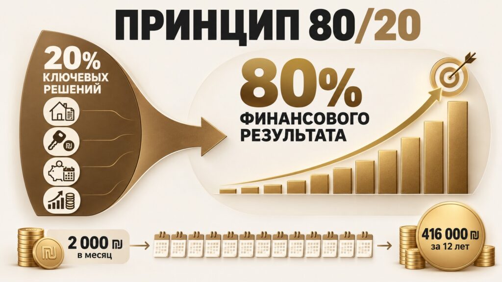 Принцип 80/20 в семейных финансах: почему для достижения целей иногда нужно делать меньше, а не больше Инфографика принципа 80/20: 20% ключевых финансовых решений дают 80% результата; 2 000 ₪ в месяц за 12 лет превращаются примерно в 416 000 ₪